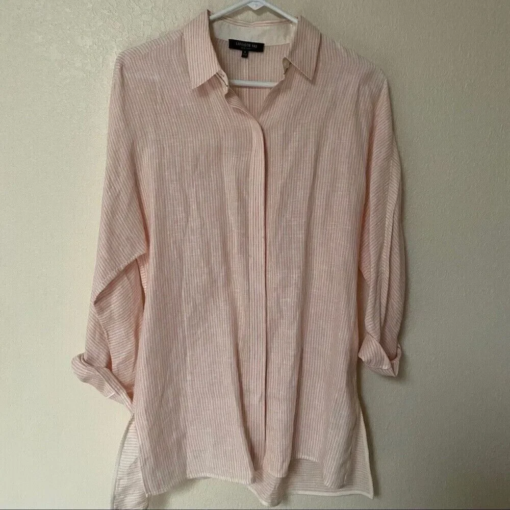 Lafayette 148 New York Size Small pink pinstripe linen‎ top collared button up - Picture 7 of 11